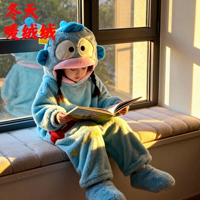 小丑鱼睡衣连体秋冬季珊瑚绒加绒加厚保暖大头卡通睡袍儿童男女童