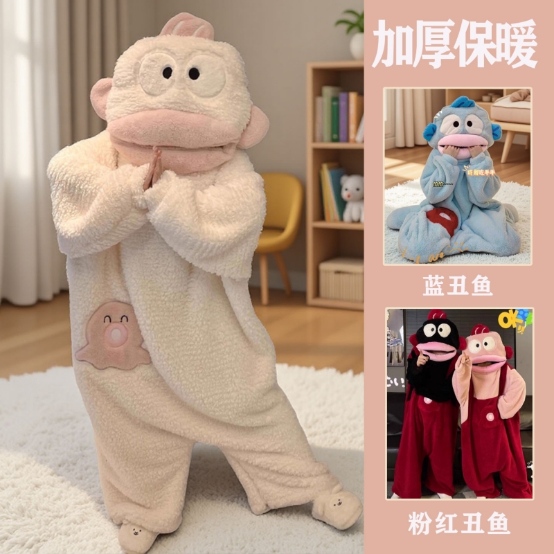 小白色丑鱼睡衣女珊瑚绒大嘴鱼搞怪大码男秋冬季加厚连体卡通睡袍