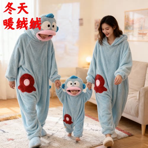 小丑鱼睡衣连体秋冬季珊瑚绒加绒加厚保暖大头卡通睡袍儿童男女童