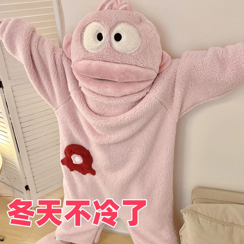 粉色丑鱼连体睡衣女珊瑚绒加厚保暖秋冬季搞怪沙雕情侣睡袍长款男