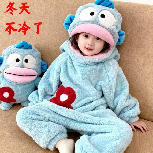 小丑鱼睡衣连体秋冬季珊瑚绒加绒加厚保暖大头卡通睡袍儿童男女童