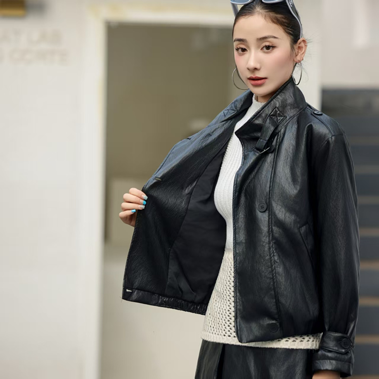 立领双排扣夹克上衣女