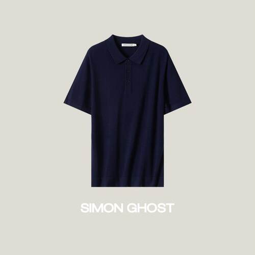 SIMON GHOST春夏新款POLO衫男黑色藏青色POLO领纯羊毛短袖上衣