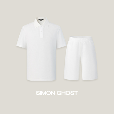 SIMON GHOST男士休闲套装运动白色短袖POLO衫短裤两件套