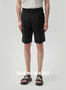 SIMON GHOST男士直筒短裤夏季休闲巴黎扣黑色灰色羊毛那不勒斯裤