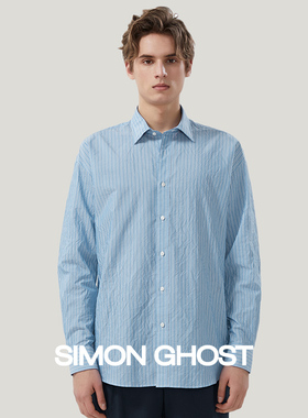 SIMON GHOST衬衣男进口CANCLINI面料蓝色条纹商务职业正装衬衫男