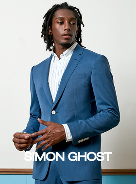 SIMON GHOST意大利进口面料纯羊毛修身通勤蓝色时尚平纹西服套装