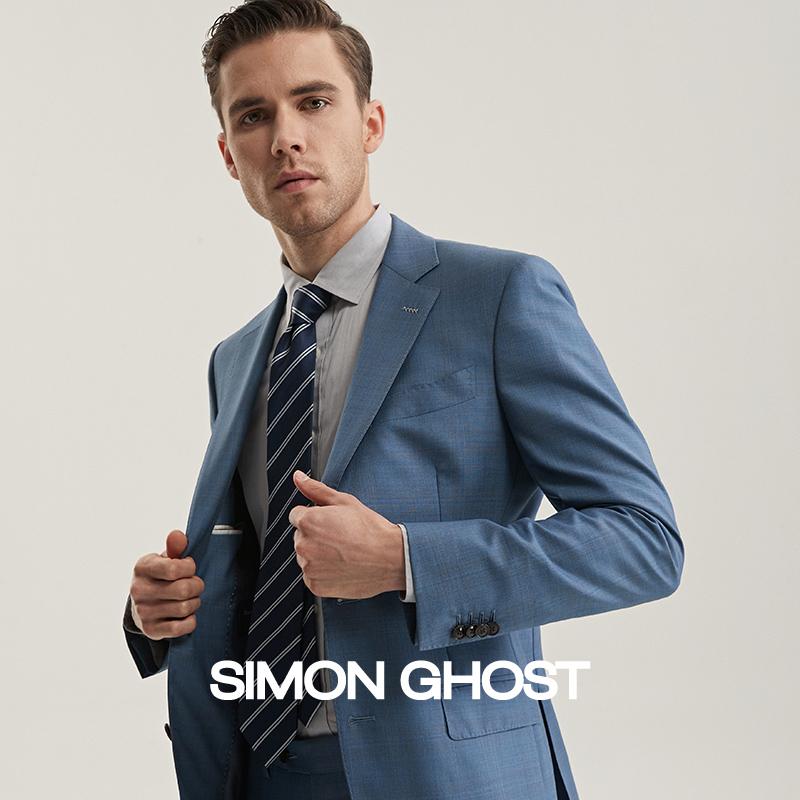 SIMON GHOST意大利进口高端面料羊毛桑蚕丝蓝色西装男套装