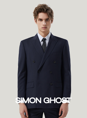 SIMON GHOST男士西服套装意大利VBC面料120支双排扣蓝色条纹正装
