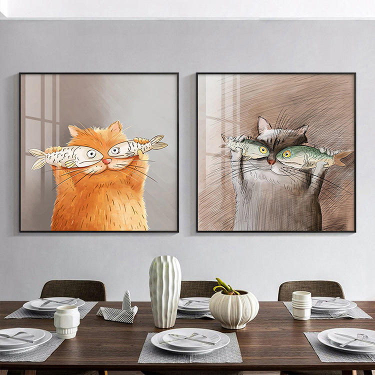 猫咪装饰画北欧餐厅挂画饭厅餐桌创意插画日式卧室壁画客厅玄关画图片