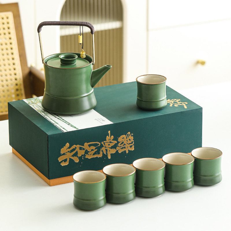 观竹文创茶礼中式陶瓷功夫茶具套装仿青竹提梁茶壶整套竹节杯礼品,餐饮具,整套茶具,淘宝优惠券,粉丝福利购,淘宝优惠卷