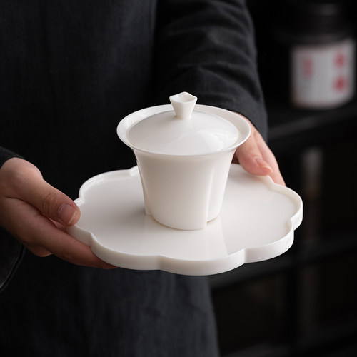 羊脂玉瓷功夫茶具泡茶盖碗三才碗