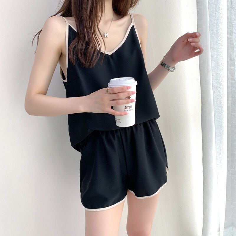 睡衣女夏季新款冰丝绸V领小清新韩版吊带短裤家居服两件套薄款