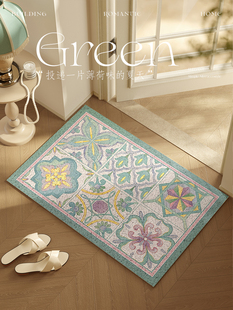 小绿汀法式田园风浪漫氛围感花砖薄荷绿入户门丝圈地垫脚垫刮沙软