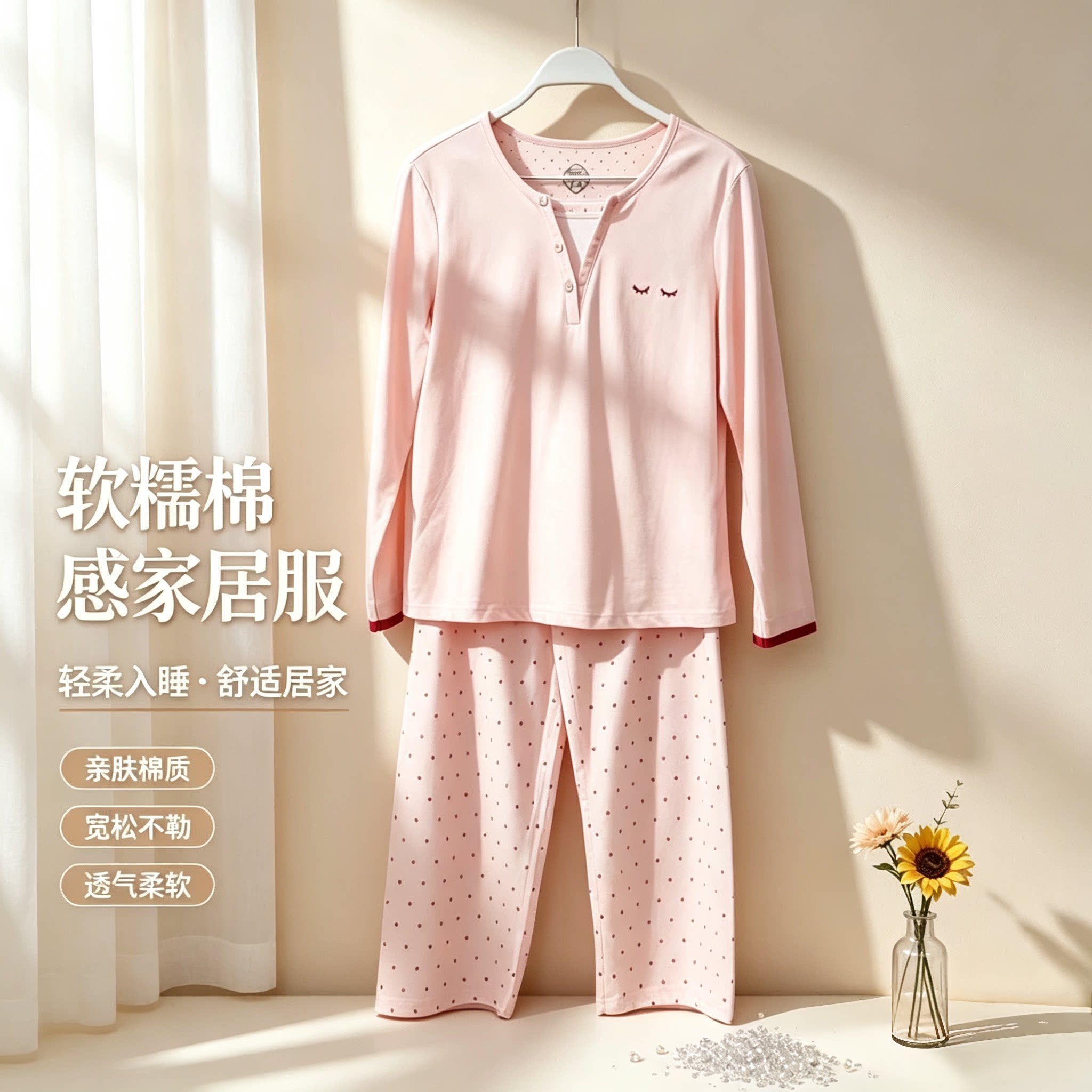 香蜜闺秀26303023女士新款国香棉质开扣家居服套装长袖长裤可外穿