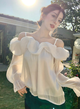实拍一字肩超仙荷叶边衬衫女2025春夏新款法式绝美高级感露肩上衣