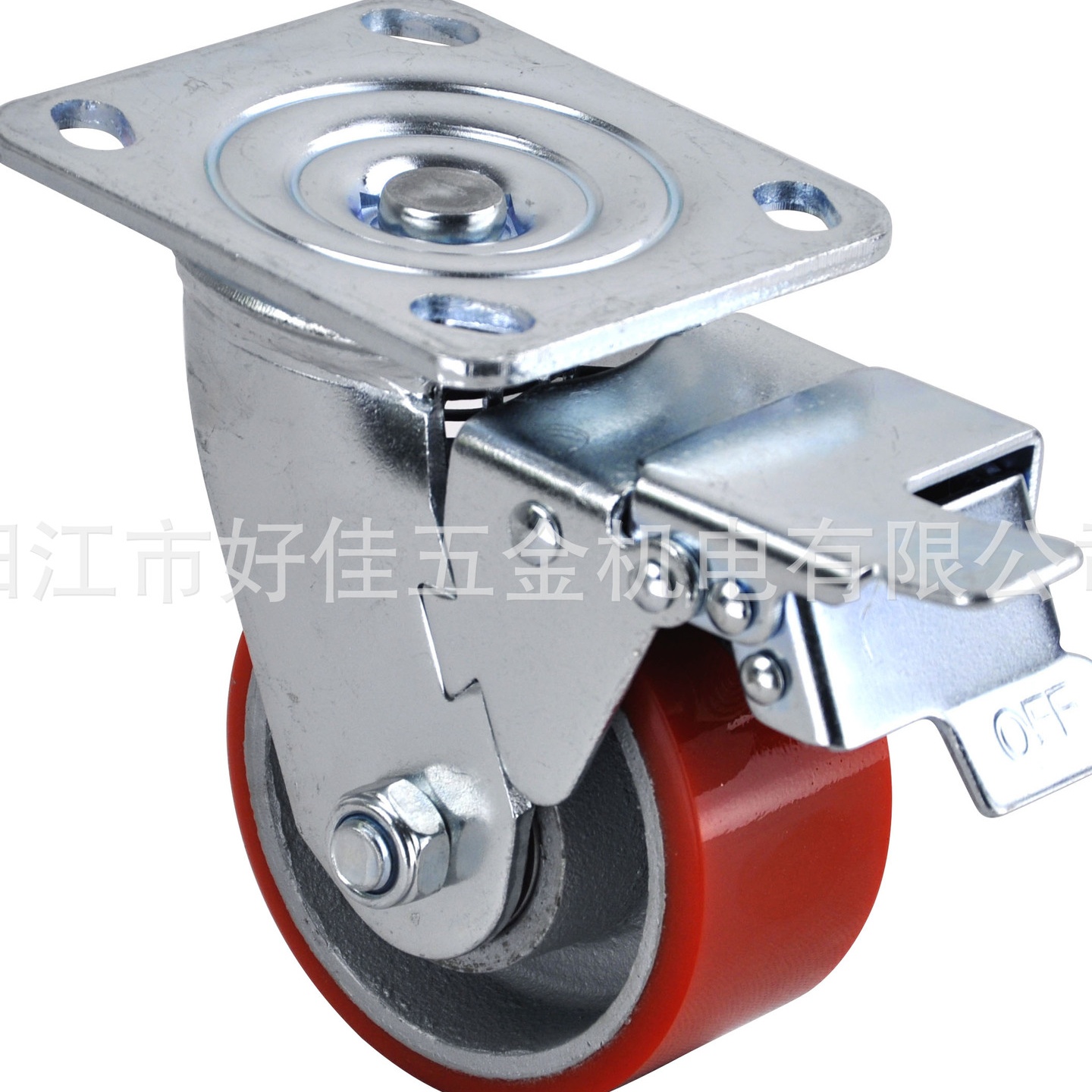 源头工厂供4X2重型静音双轴承铁芯氨脂（PU）调节螺母双刹车脚轮