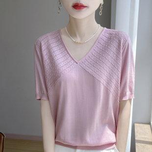 上衣外搭 2025夏季 天丝纯色V领短袖 T恤女休闲套头蚕丝针织半袖 薄款
