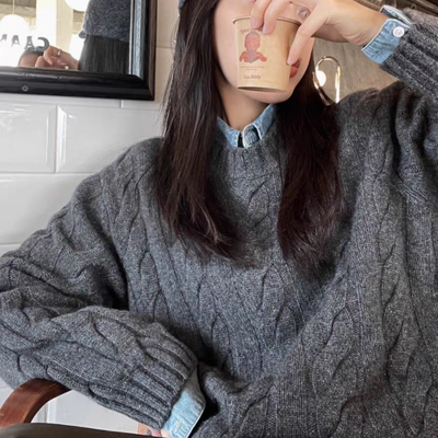 加厚羊毛衫女圆领麻花毛衣打底衫