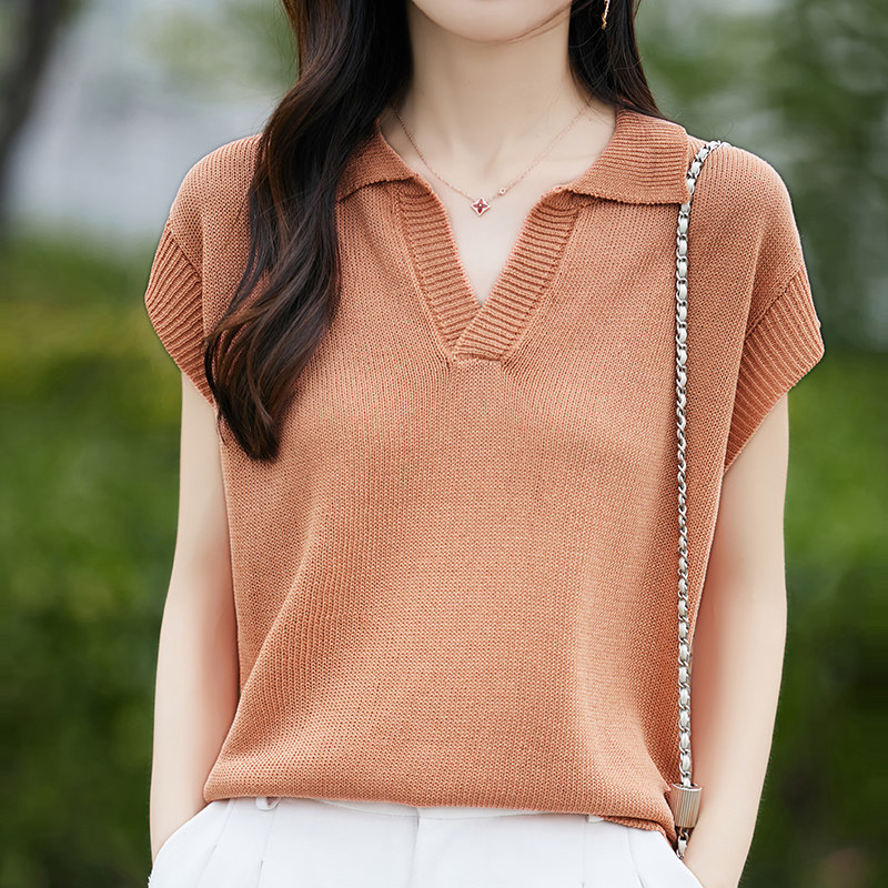 亚麻Polo领针织短袖女T恤宽松