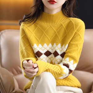 100%羊绒衫女半高领菱形提花加厚长袖毛衣宽松拼色羊毛针织打底衫