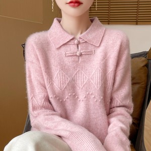 新中式国风100%纯羊绒衫女POLO领盘扣提花针织毛衣宽松羊毛衫打底