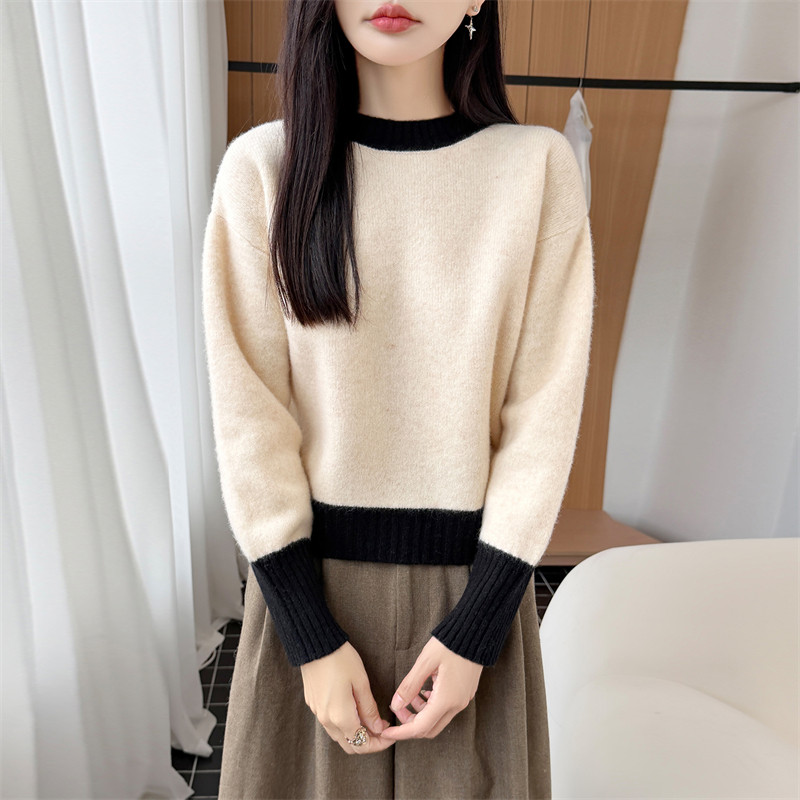 100%羊毛女撞色圆领长袖毛衣