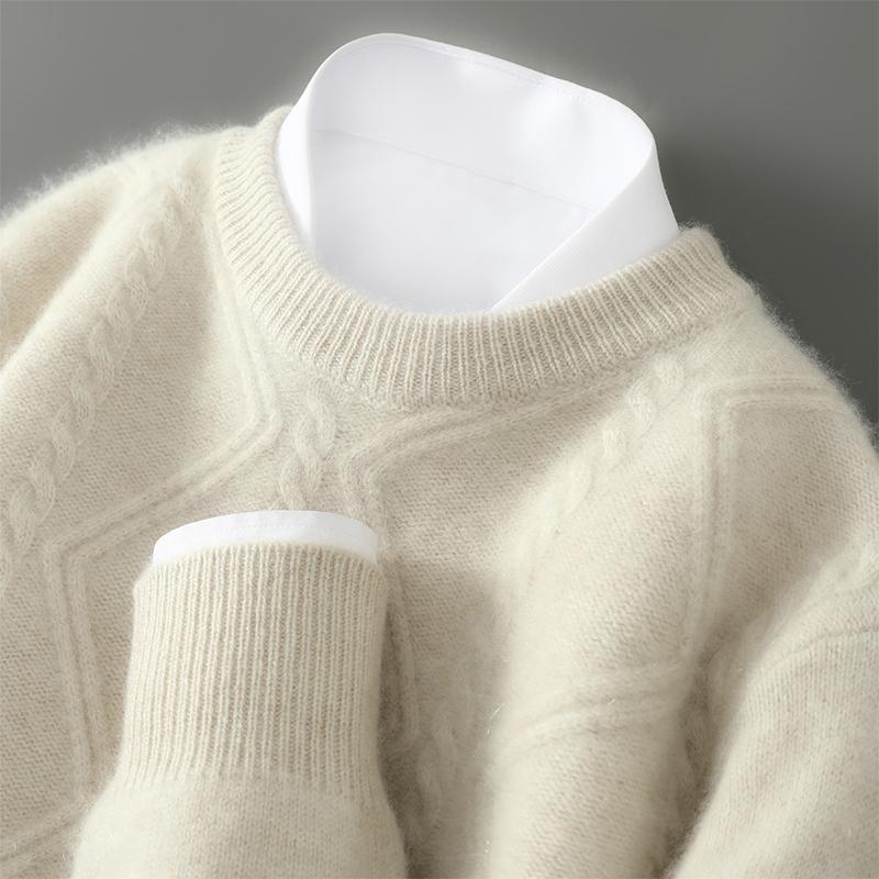 100%纯羊毛衫男菱形绞花加厚毛衣