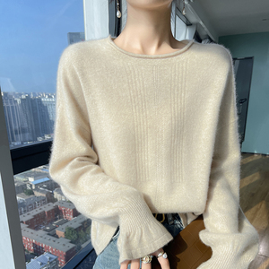 2023秋冬新款气质卷边领100%纯羊绒衫女宽松灯笼袖减龄内搭羊毛衫