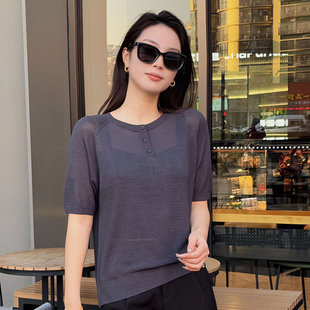 夏季 纯色宽松显瘦上衣套头外穿百搭 圆领和纸纱针织短袖 t恤女薄款