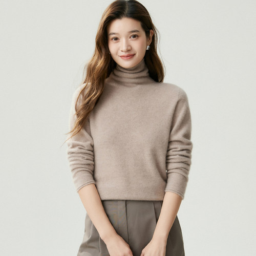 一线成型无缝堆堆领100%山羊绒衫女软糯高领宽松套头针织打底毛衣