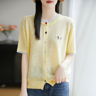 圆领上衣小衫 拼色甜美风25年夏季 女薄款 新款 圆领彩色扣子针织开衫