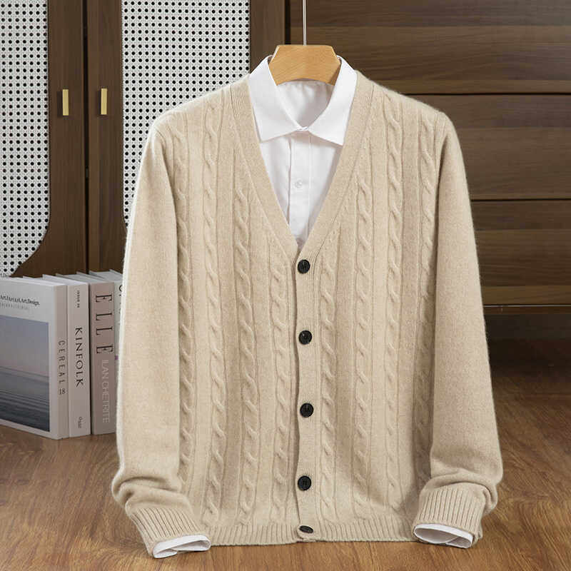 男士轻奢高级感山羊绒毛衣V领麻花开衫宽松加厚冬季羊毛外套休闲