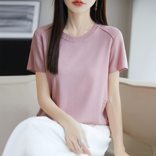 女纯色天丝针织百搭t恤衫 2025夏季 短袖 新款 圆领醋酸真丝插肩薄款
