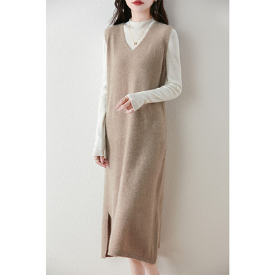100%羊毛V领无袖开叉针织连衣裙
