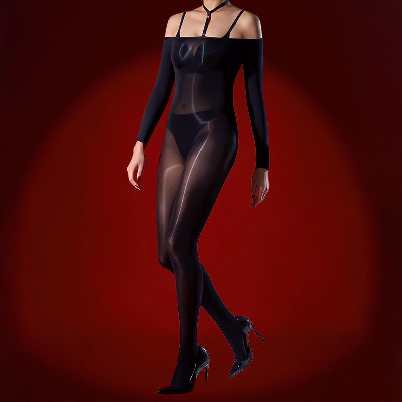 胸无缝一字肩大码紧身油亮连体衣