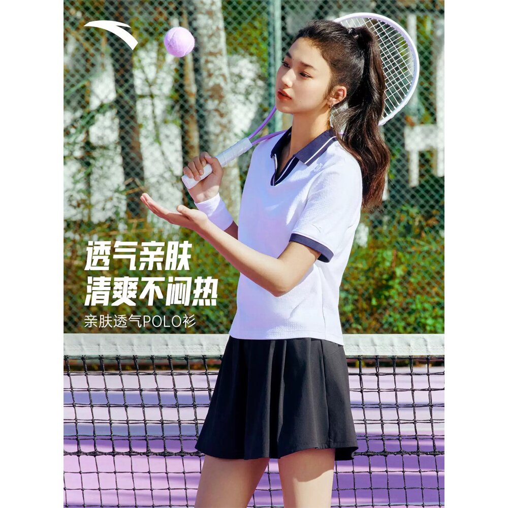 安踏休闲V领短袖POLO衫女士26夏款学院风透气t恤上衣162628115