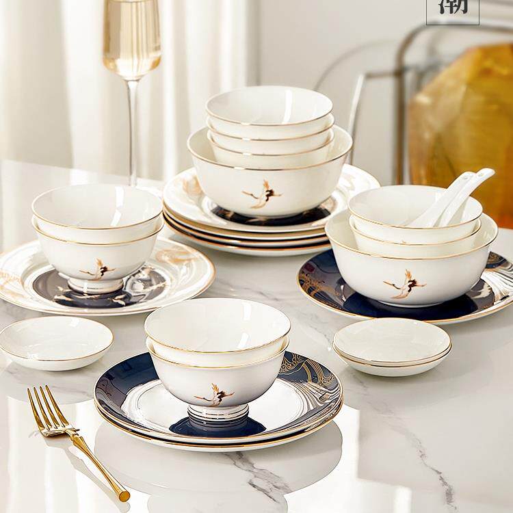 墨色原创新中式骨瓷碗碟套装家用景德镇陶瓷轻奢碗盘乔迁餐具瑞鹤