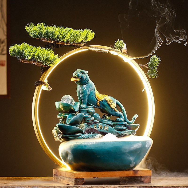 速发新中式陶瓷流业摆件福虎招财开水晶球办公室盆景轮水礼品玄关