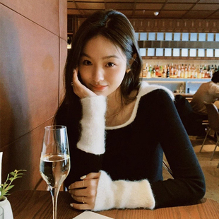 速发黑色方领长织打底衫秋冬季2024年新款内搭毛衣针上短款袖衣