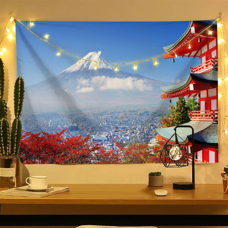 速发风墙挂布富士山背景布逼真城市风景墙布直播背景景布