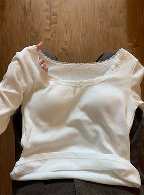 速发设计感小众蕾丝边德绒保袖T长秋冬纯欲风低领恤暖磨毛打底上