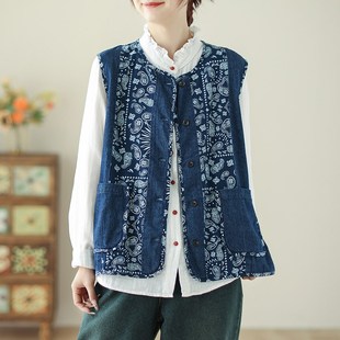 速发民族古碎花牛仔马甲背心春夏上穿无袖 叠衣 坎肩复风圆领开衫