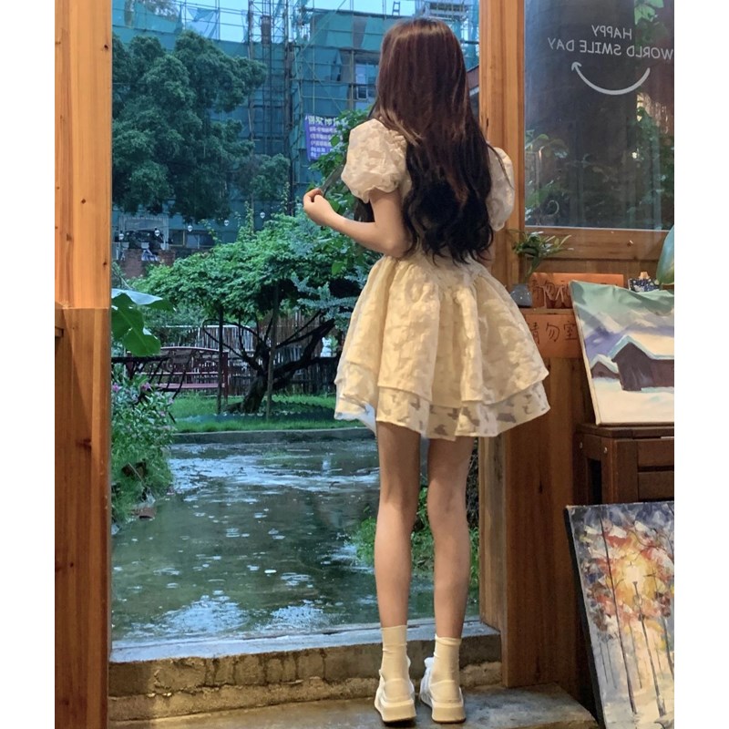 速发甜辣妹连衣裙夏季收腰纯欲泡泡袖公主裙温柔风提花蓬蓬裙子图片