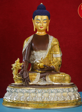 速发药摆师佛像佛件黄铜古色鎏金银西藏传密宗10寸双座佛台供奉三