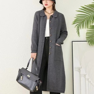 速发翻气针织开衫中长款外套复艺文古秋冬大码加厚单排扣洋领减龄