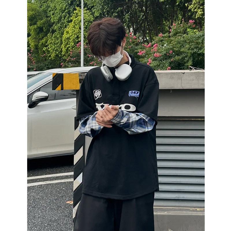 速发格子拼接Polo衫长袖假两件卫衣男女春秋美式街头复古学院风上