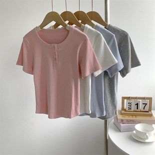 速发螺纹T门襟纽扣蹈领棉恤高腰纯色短款 短T恤 上衣舞圆瑜伽美式