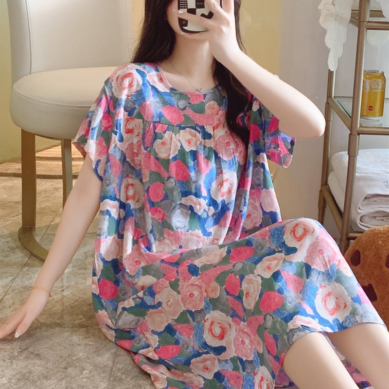 速发棉绸睡裙夏季超薄款凉感睡衣新款花卉人造棉裙加大码家居裙