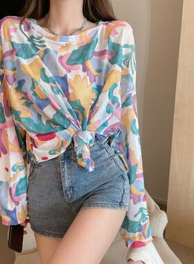 速发中长款扎染印花T恤装夏季2021上新款宽松薄款长袖防晒衫罩年